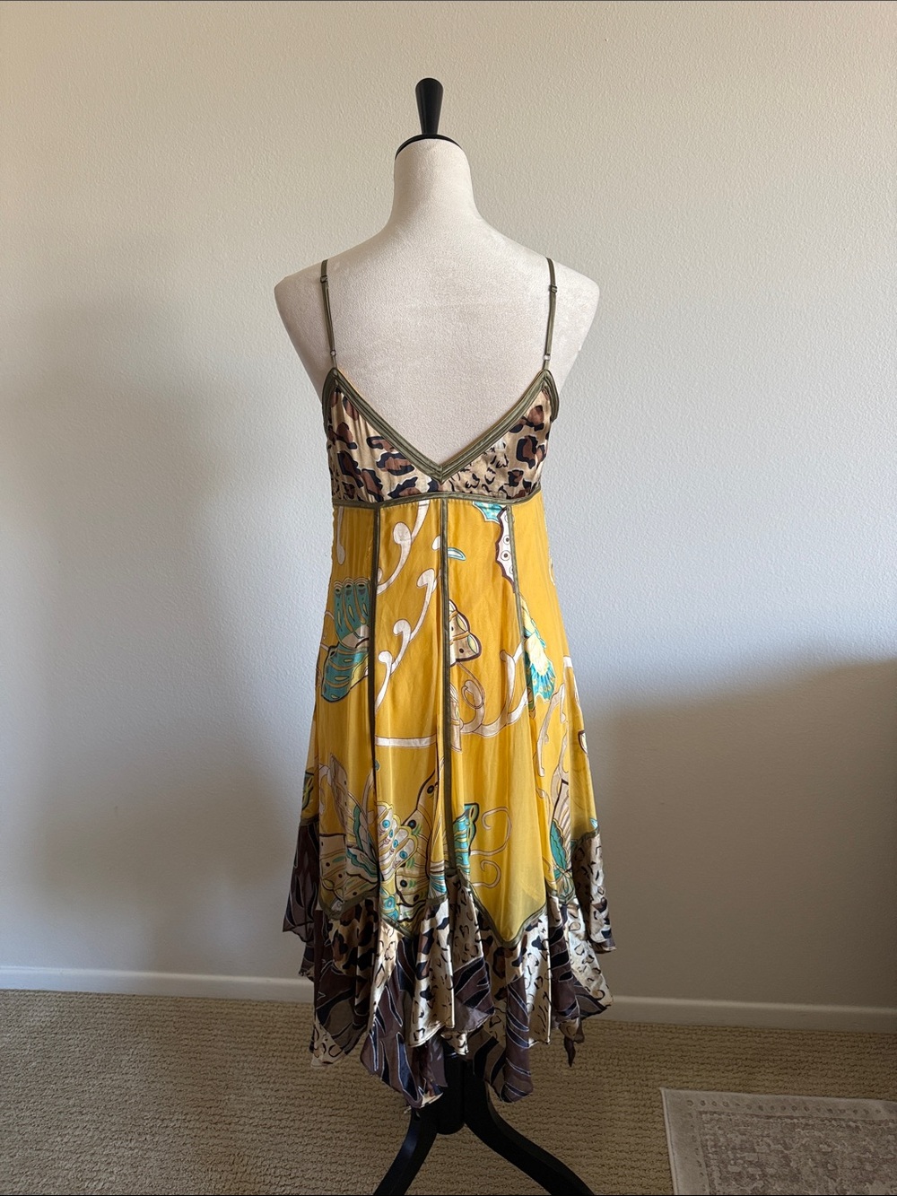 Sue Wong Mustard Yellow and Brown Floral Silk Slip Dress - Picture 6 of 10
